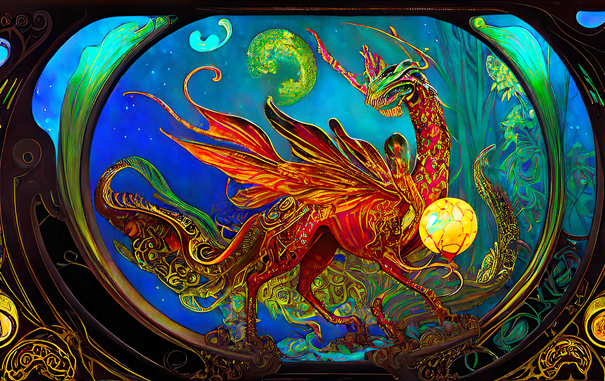 a psychedelic Art Nouveau rendering of a glowing-orb-bearing quadrupedal draconic form in warm bright colors framed in an oval against a cool scene of foliage and a starry sky