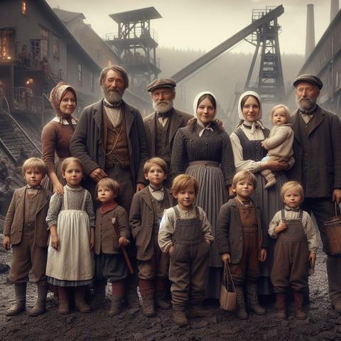 Bergarbeiterfamilie um 1880 im Ruhrgebiet, KI-generiert