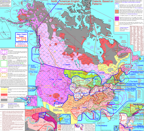 And extremely detailed, colorful, and chaotic map of North American English dialects, covered with overlapping textures, tiny text annotations, and clashing colors. It is a thing of beauty and a cartographic monstrosity at the same time.