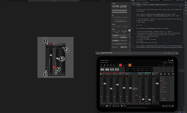 Shows the ipad simulator, handbook code, and handbook grafics editor
