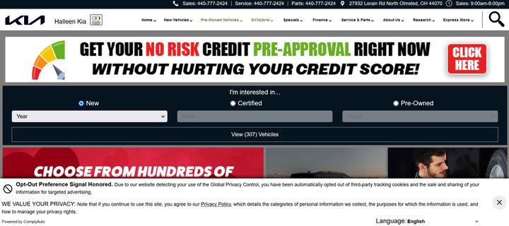 A screenshot of a Kia website that I visited for a patron.  At the bottom it states that my "Opt out preference signal honored." Due to my "Global Privacy Control" settings.

First time I've ever seen a site state this.  Go Kia.  Your commercials are annoying af, but I'll give you this.