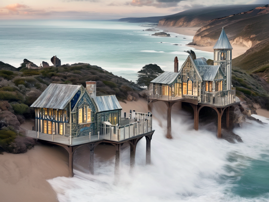 Stilted coastal cottages with illuminated windows on a narrow hilly piece of land between two arms of the sea.