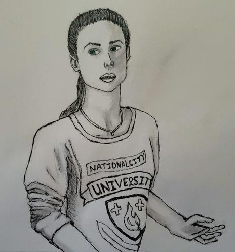 A greyscale pencil and ink drawing of a woman with green eyes. She is looking toward the left with her mouth slightly open. She has her hair in a pony tail. Her sweater sleeves are pushed up to the elbow, and her hands are near a sink. The sweater has the words "National City University" on it with a crest from the university. This is Lena Luthor from Supergirl.