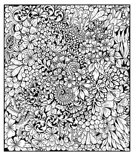 A page filled with detailed black ink doodles of leaves and plants and flowers, the spaces between them filled with black.