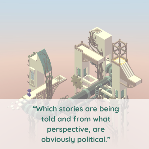 A building is transparent against a blue and light brown gradient background. A white bar at the bottom of the picture is filled with the quote "Which stories are being told and from what perspective, are obviously political." filled.