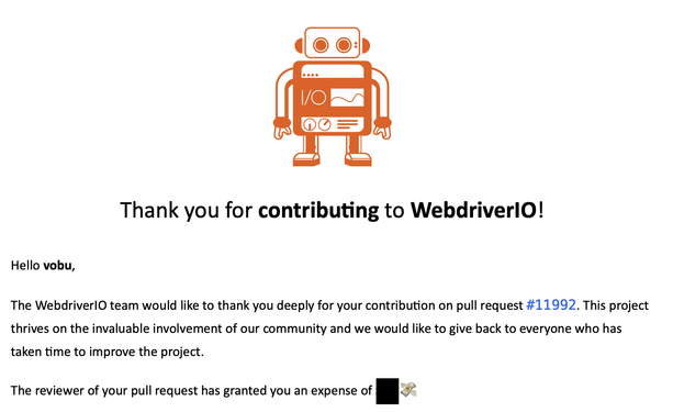 screenshot of reward e-mal from WebdriverIO