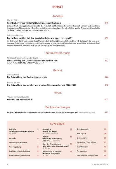 Seite 1 des Inhaltsverzeichnisses der NJW 7/2024