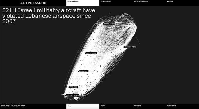 Map showing the number of times Israeli military aircraft have violated Lebanese airspace since 2007. It's supposed to be a map of Lebanon, but the lines are so frequent it's basically entirely colored in white.