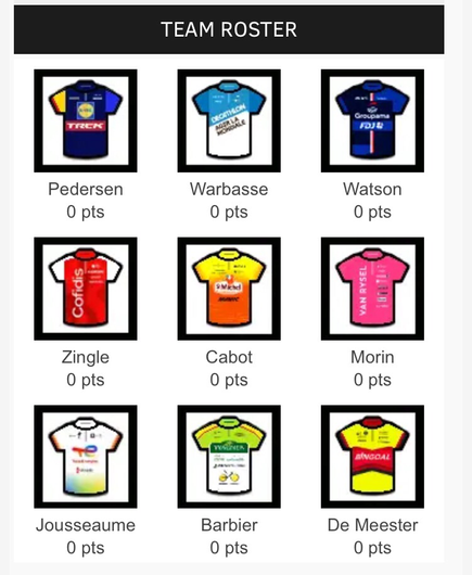 tour de la provence velogames team. plänterwald cycling team. pedersen / warbasse / watson / zingle / cabot / morin / jousseaume / barbier / de meester