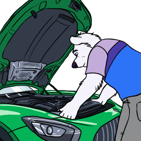 My polar bear fursona working on a Mercedes his paws pulling a part of of an engine.