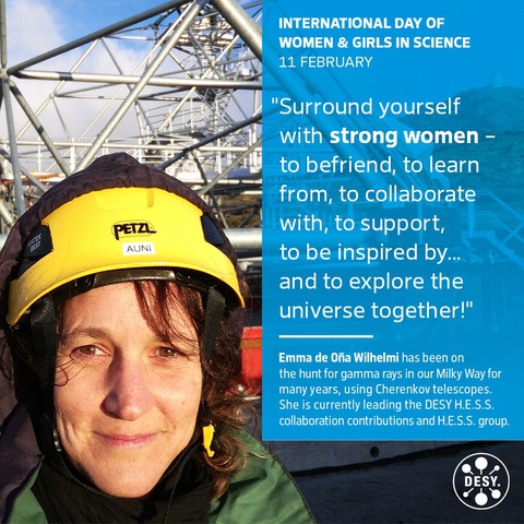 A woman in a hard hat stands among a metal structure. Her name is Emma de Oña Wilhelmi and she says “Surround yourself with strong women - to befriend, to learn from, to collaborate with, to support, to be inspired by…and to explore the universe together!”