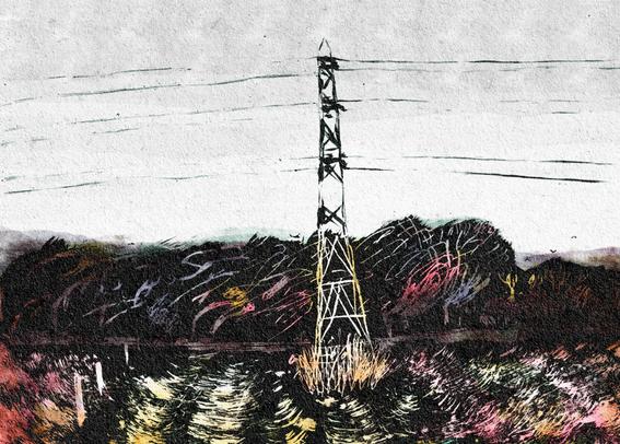 An illustration of a pylon in a ploughed field on a windy day. The line work is rough and scratchy, because it was really windy that day.