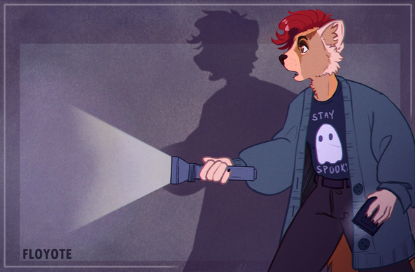 An anthro pine marten wearing a ghost tshirt and an oversized cardigan is shining a flashlight. She's ghost hunting!