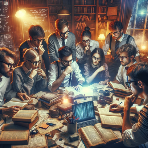 Grafika wygenerowana przez DALL-E 3, która pokazuje grupę 10 osób, kobiet i mężczyzn, głównie w okularach, którzy w zamyśleniu siedzą przed stołem, na którym jest dużo książek, laptop i innych piśmienniczych przedmiotów. W tle widać biblioteczkę i tablicę ze wzorami, nad stołem wisi lampa dająca wieczorne oświetlenie. Wszyscy patrzą na jedną z otwartych książek, nad którą dumają.