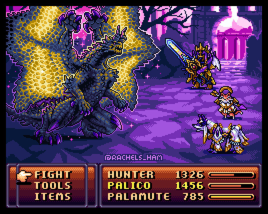 A pixel art RPG de-make of Monster Hunter Rise with Shagaru Magala, the player character alongside their palamute and palico.