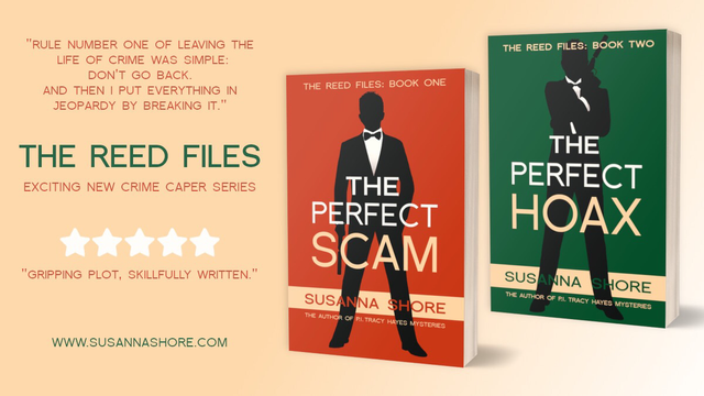 Ad for books The Perfect Scam and The Perfect Hoax.