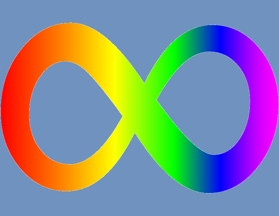 Autism symbol: infinite loop like a number eight turned on its side in a rainbow color from orange on the left to purple on the right going through yellow, green and blue.