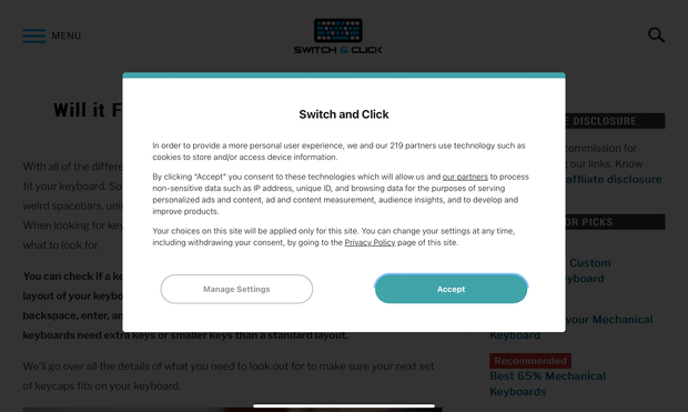 Cookie notice for a keyboard retailer