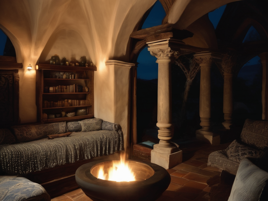 A cozy living room with comfortable furniture and a wooden bookshelf is warmly lit by a central fire pit. Stone pillars frame a deep blue sky darkening outside.