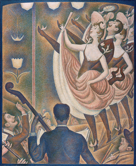 A Pointillist scene. Inside a nightclub, a chorus line of women and men onstage kick flamboyantly, while members of the orchestra play below. A few faces are visible in the audience.