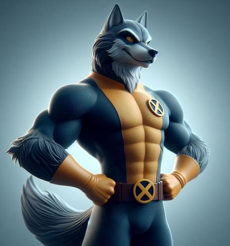 A handsome grey wolf standing on it's two hind legs with arms akimbo. The wolf is proudly wearing the classic 60's Xmen uniform.

AI Generated : Microsoft Copilot