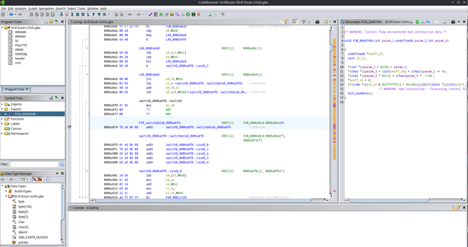 a screenshot of the reverse engineeing program Ghidra with the CodeBrowser open, showing some anonymous code from Drill Dozer (a GBA game)