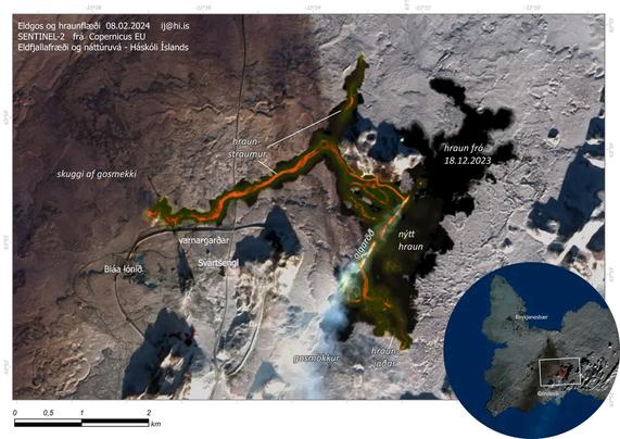 Vue satellite détaillée de la zone de l'éruption du 8 février vers 13h. 
En orange et vert : la lave qui s'écoule en direction du Blue Lagoon.
En noir à droite : la lave du 18 décembre