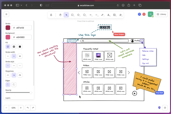 Screenshot von excalidraw.com. Im Bild sieht man einen gezeichneten Browser mit einer fiktiven Webseite
