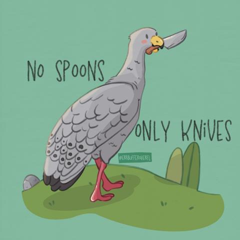 A cartoon of a Cape Barren Goose holding a knife in it's mouth captioned "No Spoons, Only Knives"