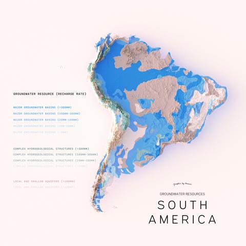 A visualisation of the groundwater resources of South America over shaded relief