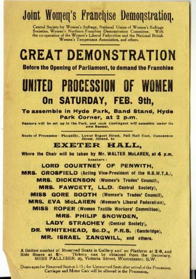 Poster advertising the march and meeting, 9 February 1907 By Pippa Strachey and others. “Joint Women’s Franchise Demonstration. United Procession of Women.” - Kate Frye&#039;s Suffrage Diary 9 February 1907 [1] Originally published and printed by the Central Society for Women&#039;s Suffrage, the National Union of Women&#039;s Suffrage Societies and other participating organisations, February 1907, Public Domain, https://en.wikipedia.org/w/index.php?curid=56756946