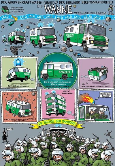 Comic Plakat von Gerhard Seyfried über "Die Wanne". Gezeichnet sind unterschiedliche Ausführungen des Gruppenkraftwagens der Polizei. Z.B. mit brennendem Blaulicht, mit automatischem Tennisschläger gegen Steinbeschuss oder als Büchse der Pandorra mit schier unendlich ausströmenden Cops.