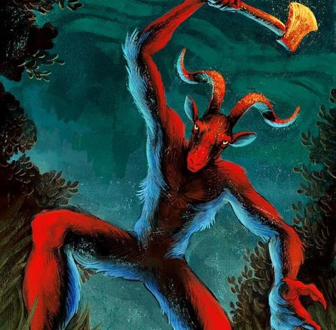 A huge reddish goatman with a big axe is coming at you. Run!