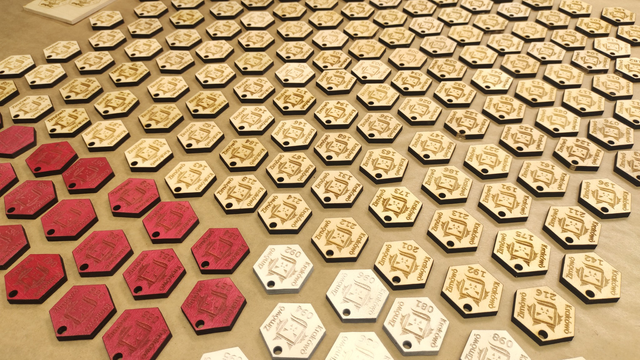 The entire frame filled with small hexagonal plywood badges cut on a laser plotter. The majority appear untreated except for a clear lacquer finish, while some are stained red and others white.