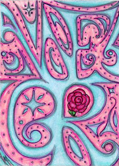 An abstract design in pink and aqua with swirls and dots, and a raspberry-coloured rose.