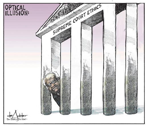 Optical Illusion:
Supreme Court Ethics on the court building with Justice Thomas peeking through an illusionary pillars.

CREDIT : deAdder