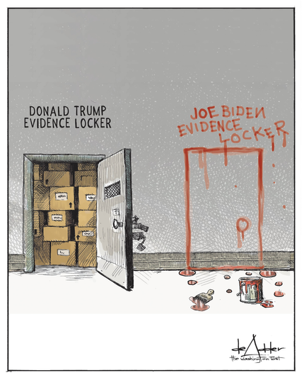 The door is open on a vault stuffed with cardboard boxes.
"Donald Trump Evidence Locker"

Beside it is a pretend vault door - it's just a painted outline on the wall.
"Joe Biden Evidence Locker"

Cartoon Credit : deAdder