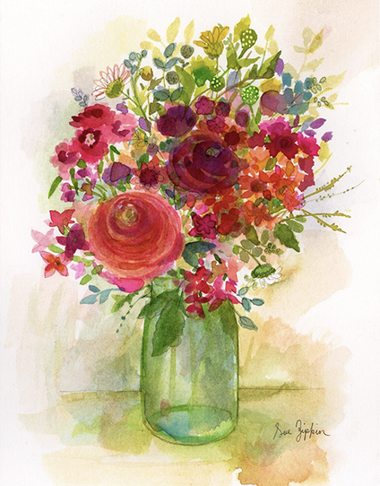 A watercolor painting of a bouquet of flowers, featuring pink ranunculus flowers and burgundy colored flowers with lots of little flowers in a vintage glass jam jar that is green. This is on a white background.