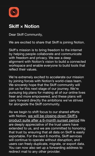 the email from skiff reflects the exact language in their blog post which is linked in the post