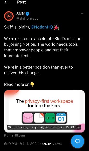 Twitter/X screenshot “skiff is joining Notion. we’re exciting to accelerate Skiff’s mission by joining Notion…”