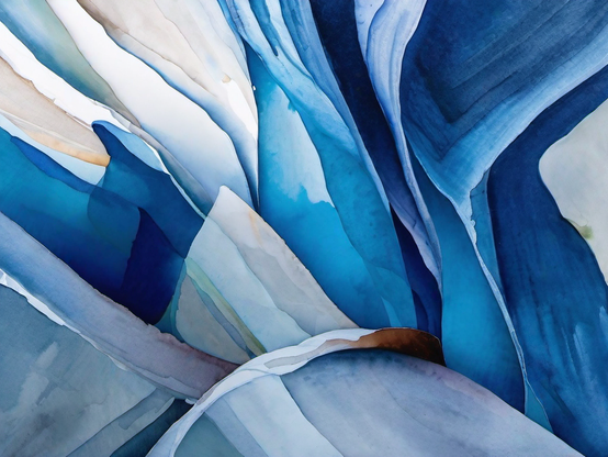 Fluid shapes in varying shades of blue overlap with soft edges, creating a soothing abstract composition reminiscent of soft fabrics. Watercolor style.