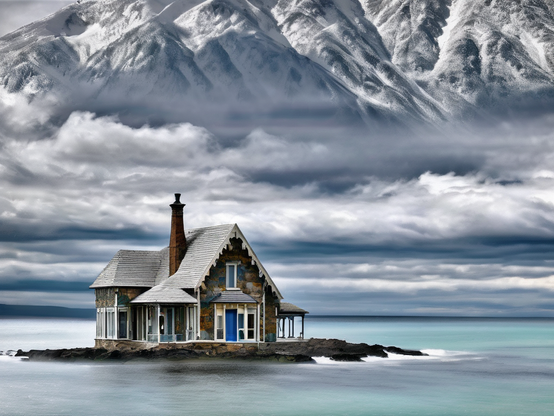 A solitary house on a tiny island in a blue-green sea, against a dramatic backdrop of towering mountains that float above in a brooding sky. Surrealism.