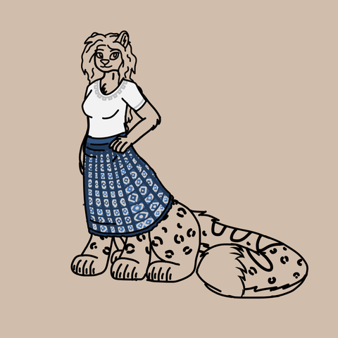 Amaya the snow leopard taur sitting upright while wearing a white shirt and a blue and white patterned skirt.