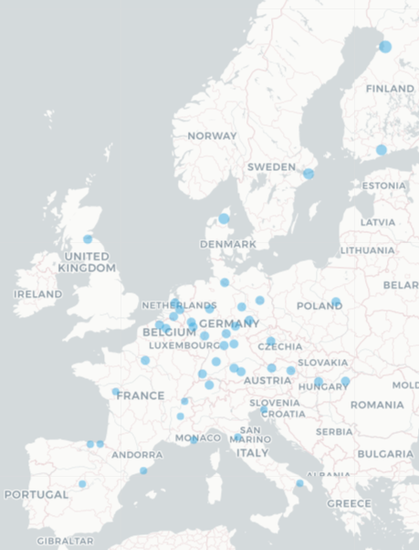 A map showing most of Europe. Dozens of blue dots can be seen all over several European countries, all indicating a place where Fairphone Angels are based.