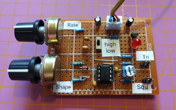 the finished LFO module. it has two potentiometers for rate and shape, a switch for high or low setting, and two outputs, for triangle and square. in the middle is the TL072 OpAmp and a trimmer for adjustments. the LED is driven by the triangle wave