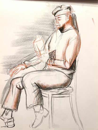 Charcoal sketch of a man reading a book