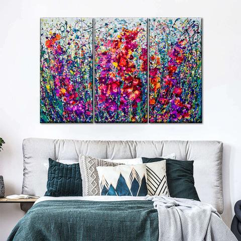 Nature's beauty is a work of art, and these flowers are no exception. The Breath Of Summer 
 Garden Explosion, A vibrant triptych painting with a burst of colors and floral motifs.