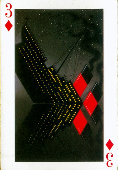 the three of diamonds playing card, with the Titanic's smoke stacks, and their reflection making up the three red diamonds  for the card.