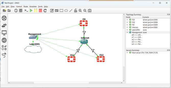 A screenshot of the GNS3 software, which is running a simple network topology including a few Fortigate devices.