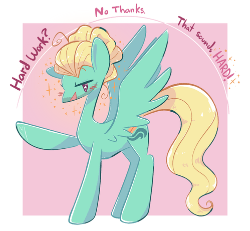 Art of Zephyr Breeze with his hoof out and a smug expression on his face, coming out by his hoof is the text "Hard work? No thanks. That sounds HARD!"